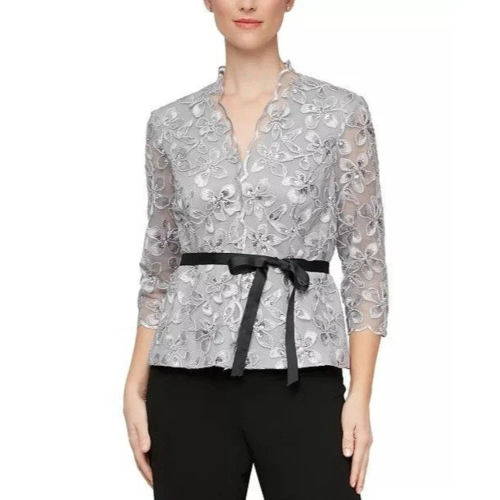 NWT Alex Evenings Set Formal Silver Floral Lace Top Black Velvet Pants Size XLP